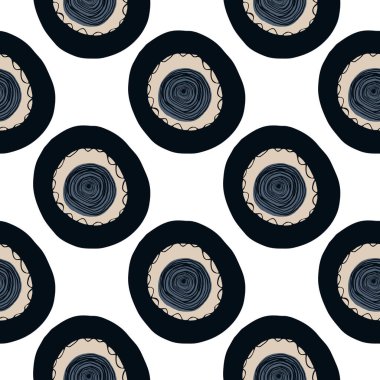 Dairesel benekli siluetler kusursuz desenler. Soyut geometri tasarımı. Beyaz fırında siyah ve deniz donanması yalıtılmış süs eşyası. Duvar kağıdı, tekstil, ambalaj, kumaş baskısı için mükemmel. Vektör illüstrasyonu
