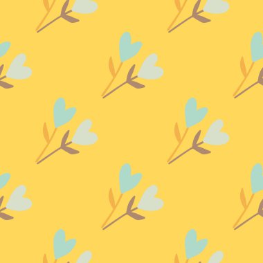 Çiçeksel kalp dalları şeklinde kusursuz bir yaz şablonu. Sarı parlak arka plan. Saf stil tasarımı. Duvar kağıdı, ambalaj kağıdı, tekstil baskısı, kumaş için mükemmel. Vektör illüstrasyonu.