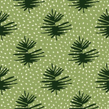 Yapraklı tropikal siluetler kusursuz karalama kalıpları. Yeşil noktalı arka plan ve koyu yapraklı stilize izler. Duvar kağıdı, tekstil, ambalaj, kumaş baskısı için dekoratif zemin. Vektör illüstrasyonu