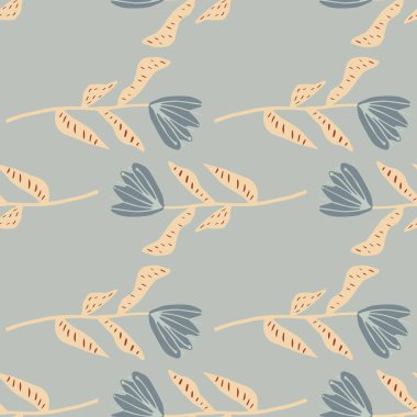 Pastel botanik lale çiçeği kusursuz desen oluşturur. Yumuşak mavi arka plan ve bej saplı tomurcuklar. Hassas parmak izi. Duvar kağıdı, tekstil, ambalaj kağıdı, kumaş baskısı için mükemmel. Vektör illüstrasyonu.