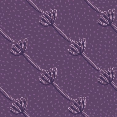 Koyu renkli karahindiba siluetleriyle botanik desenli. Noktalı mor arkaplan. Basit bir arkaplan. Ambalaj kağıdı, tekstil, kumaş baskısı ve duvar kağıdı için harika. Vektör illüstrasyonu.