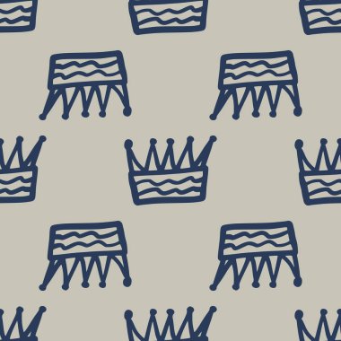 Minimalist karalama taç süslemesi kusursuz desen. Gri arka plan ve lacivert unsurlar. El çizimi sanat eseri. Duvar kağıdı, tekstil, ambalaj kağıdı ve kumaş baskısı için tasarlanmış. Vektör illüstrasyonu.