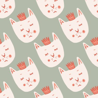 Beyaz kedi yüzleri ve kusursuz karalama desenleri. Açık gri arkaplanı olan stilize baskı. Duvar kağıdı, ambalaj kağıdı, tekstil baskısı, kumaş için dekoratif zemin. Vektör illüstrasyonu.