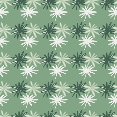 Bahar papatyası siluetleri pürüzsüz şekilde karalıyor. Yeşil ve beyaz renkler, el yapımı baskı. Duvar kağıdı, ambalaj kağıdı, tekstil baskısı, kumaş için dekoratif baskı. Vektör illüstrasyonu.