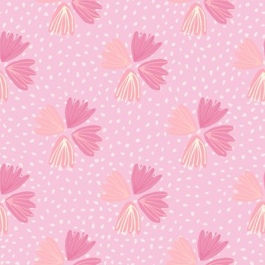 Elle çizilmiş lale tokalarıyla kusursuz desen. Noktalı arka plan. Yumuşak pembe palet çizimleri. Duvar kağıdı, tekstil, ambalaj kağıdı, kumaş baskısı için mükemmel. Vektör illüstrasyonu.