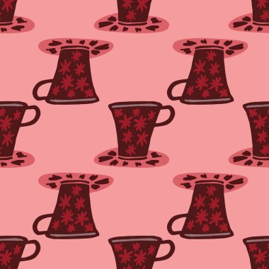 Kırmızı ve kestane rengi bardak siluetleri pürüzsüz desenli. Pembe arka planda Ktchen karalama elementleri. Duvar kağıdı, tekstil, ambalaj kağıdı ve kumaş baskısı için tasarlanmış. Vektör illüstrasyonu.
