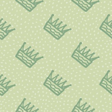 Taçlı siluetleri olan basit, pürüzsüz bir desen. Noktalı yeşil arka plan. Duvar kağıdı, tekstil, ambalaj kağıdı ve kumaş baskısı için tasarlanmış. Vektör illüstrasyonu.