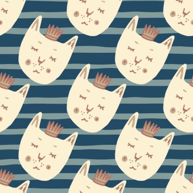 Kediler ve taçlarla kusursuz desenler. Şeritli lacivert bir arka plan. Hayvan izi. Duvar kağıdı, ambalaj kağıdı, tekstil baskısı, kumaş için. Vektör illüstrasyonu.