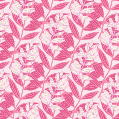 Pembe ana hatlı dallar siluetler izole edilmiş, pürüzsüz desenler. Beyaz arka planı olan çiçek arkaplanı. Ambalaj kağıdı, tekstil, kumaş baskısı ve duvar kağıdı için harika. Vektör illüstrasyonu.