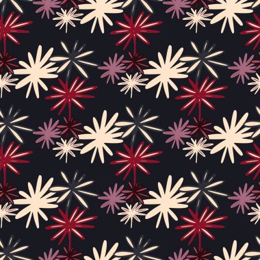 Siyah arkaplanlı parlak kontrast papatya deseni. Kırmızı, sarı ve lacivert çiçek siluetleri. Duvar kağıdı, ambalaj kağıdı, tekstil baskısı, kumaş için dekoratif baskı. Vektör illüstrasyonu.