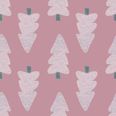 Noel 'de köknar ağacı siluetleriyle kusursuz karalama desenleri. Pastel pembe ve gri renk paleti. Tatil, basit sanat eserleri. Duvar kağıdı, tekstil, ambalaj, kumaş baskısı için mükemmel. Vektör illüstrasyonu.