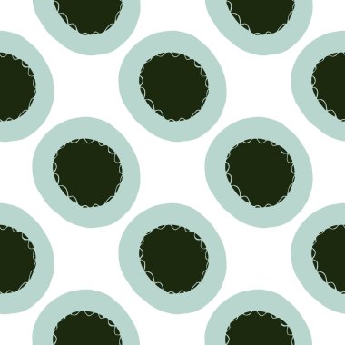 İzole yuvarlak siluetler kusursuz desen. Beyaz arka planda siyah ve mavi lekeler var. Kontrast soyut tasarım. Duvar kağıdı, tekstil, ambalaj kağıdı, kumaş baskısı için mükemmel. Vektör illüstrasyonu.