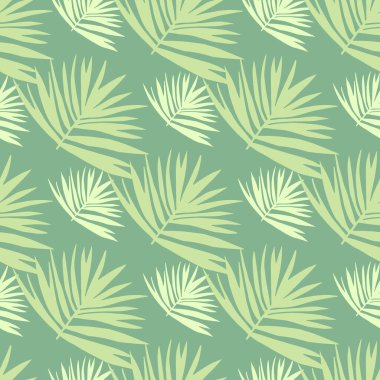 Tropik yeşillik süsüsüyle yay gibi pürüzsüz desen. Açık yeşil arka planda yapraklar var. Duvar kağıdı, tekstil, ambalaj kağıdı, kumaş baskısı için mükemmel. Vektör illüstrasyonu.