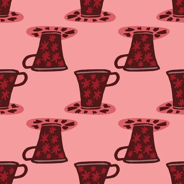 Kırmızı ve kestane rengi bardak siluetleri pürüzsüz desenli. Pembe arka planda Ktchen karalama elementleri. Duvar kağıdı, tekstil, ambalaj kağıdı ve kumaş baskısı için tasarlanmış. Vektör illüstrasyonu.