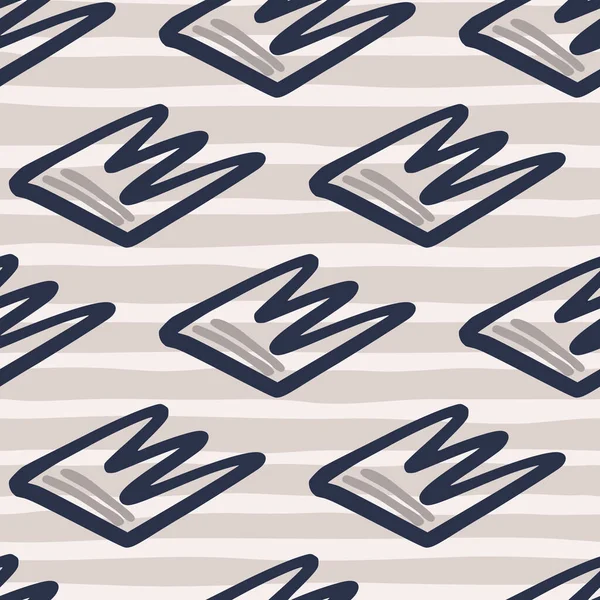 Taçlı dış hatları olan kusursuz karalama kalıpları. Pastel mor arka planda şeritli lacivert bir süs. Duvar kağıdı, tekstil, ambalaj kağıdı, kumaş baskısı için. Vektör