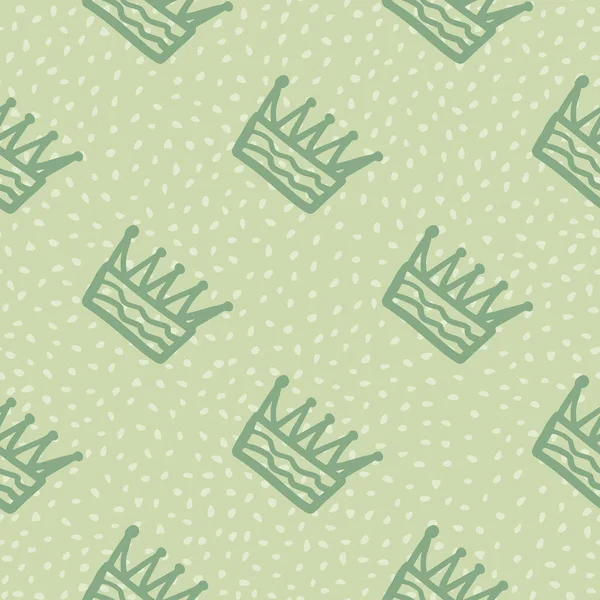 Taçlı siluetleri olan basit, pürüzsüz bir desen. Noktalı yeşil arka plan. Duvar kağıdı, tekstil, ambalaj kağıdı ve kumaş baskısı için tasarlanmış. Vektör illüstrasyonu.