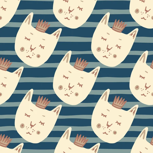 Kediler ve taçlarla kusursuz desenler. Şeritli lacivert bir arka plan. Hayvan izi. Duvar kağıdı, ambalaj kağıdı, tekstil baskısı, kumaş için. Vektör illüstrasyonu.