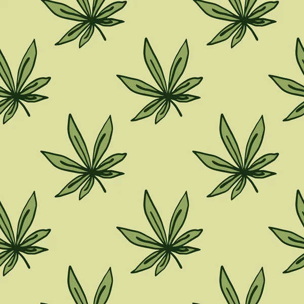 Kenevir süsü çizilmiş kusursuz desen. Açık pastel sarı arka planda yeşil renkli kenevir yaprakları. Duvar kağıdı, tekstil, ambalaj kağıdı ve kumaş baskısı için tasarlanmış. Vektör illüstrasyonu
