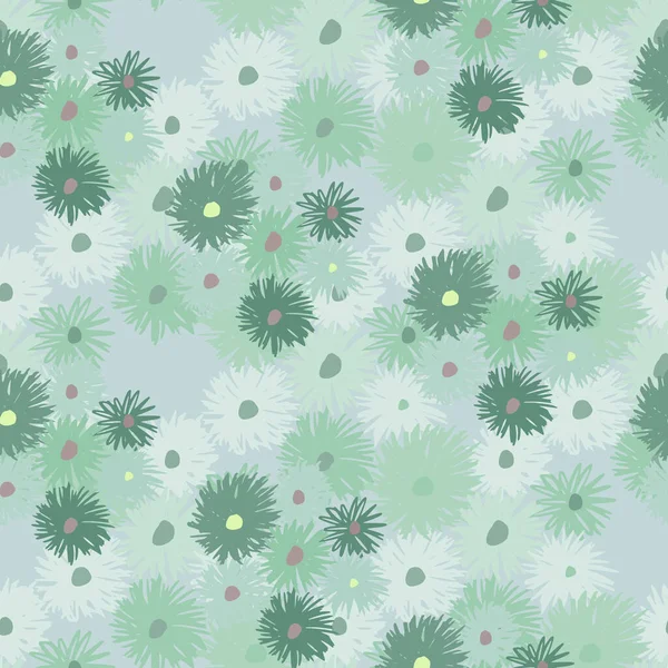stock vector Pale spring seamless pattern with chrysanthemum shapes. Light blue background. Simple random floral backdrop. Great for wrapping paper, textile, fabric print and wallpaper. Vector illustration.