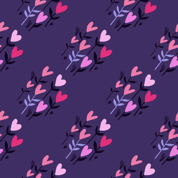 ピンクのハートの花と明るいシームレスなバレンタインパターン 紫色の背景 ロマン派の作品 包装紙 生地の印刷や壁紙のための素晴らしい ベクターイラスト — ストックベクタ
