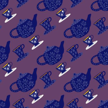 Koyu renksiz çay seremonisi deseni. Mor arka planda lacivert renkte karalama elementleri. Duvar kağıdı, tekstil, ambalaj kağıdı, kumaş baskısı için mükemmel. Vektör illüstrasyonu.