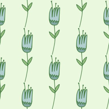 Soyut lale çiçekleriyle süslenmiş, dikişsiz bir desen. Pastel palette dizayn, mavi ve yeşil tonlarda. Duvar kağıdı, tekstil, ambalaj kağıdı ve kumaş baskısı için tasarlanmış. Vektör illüstrasyonu.