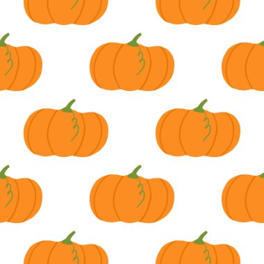 Sonbahar mevsimi, izole edilmiş balkabağı elementleriyle pürüzsüz desen. Sonbahar arka planında beyaz arkaplan. Duvar kağıdı, ambalaj kağıdı, tekstil baskısı, kumaş için mükemmel. Vektör illüstrasyonu.