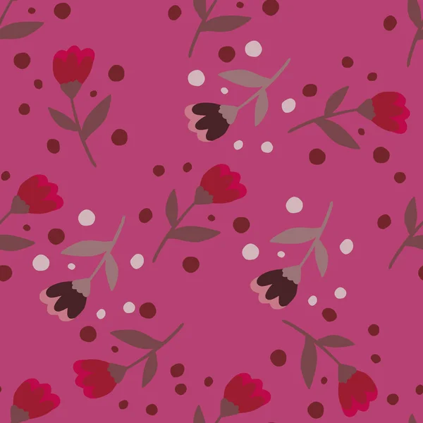 Случайный Бесшовный Рисунок Народных Цветов Розовый Фон Красным Серым Оттенками — стоковый вектор