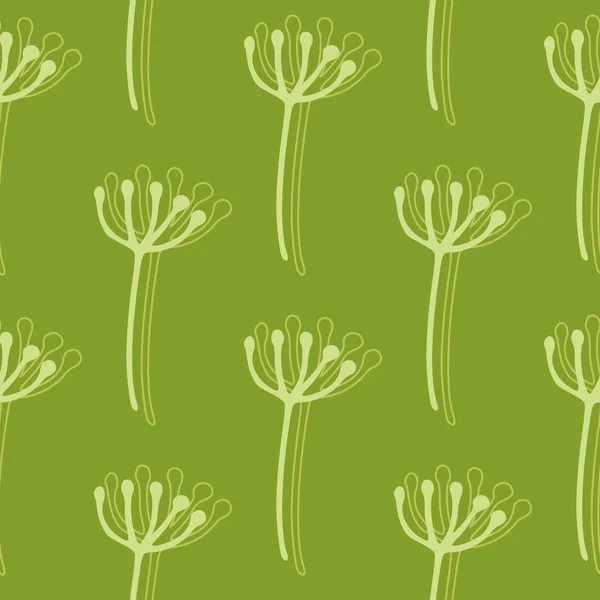 Simple dandelion flowers outline silhouettes seamless pattern. Green background with white botanic ornament. Great for wrapping paper, textile, fabric print and wallpaper. Vector illustration.