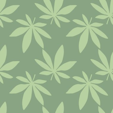 Marihuana siluetleri pastel, pürüzsüz desen. Açık yeşil tonlarda uyuşturucu izi. Duvar kağıdı, tekstil, ambalaj kağıdı ve kumaş baskısı için tasarlanmış. Vektör illüstrasyonu.