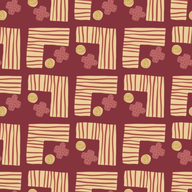 Soyut geometri süslemesi kusursuz desen. Kırmızı arka planda şeritleri olan basit figürler. Minimalist sonsuz arkaplan. Duvar kağıdı, tekstil, ambalaj kağıdı, kumaş baskısı için. Vektör illüstrasyonu.