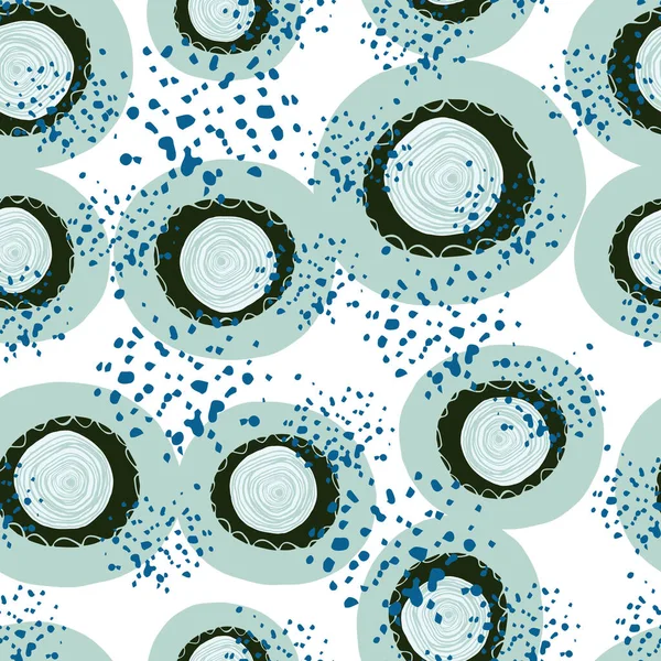 Zufällige Kreis Fleck Formen Nahtlose Muster Blaue Und Schwarze Figuren — Stockvektor
