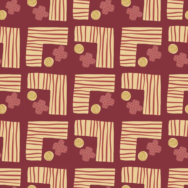 Soyut geometri süslemesi kusursuz desen. Kırmızı arka planda şeritleri olan basit figürler. Minimalist sonsuz arkaplan. Duvar kağıdı, tekstil, ambalaj kağıdı, kumaş baskısı için. Vektör illüstrasyonu.