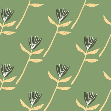 Çiçek siluetleriyle minimalist botanik kusursuz desen. Sarı çiçek dalları. Yumuşak zeytin yeşili arka plan. Duvar kağıdı, ambalaj kağıdı, tekstil baskısı, kumaş için dekoratif baskı. Vektör