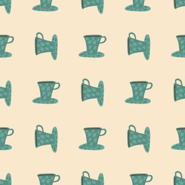 Yumuşak yeşil bardaklar, kusursuz desenler. Açık pembe arkaplanı olan yaratıcı stilize baskı. Duvar kağıdı, tekstil, ambalaj kağıdı ve kumaş baskısı için tasarlanmış. Vektör illüstrasyonu.