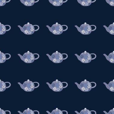 Kusursuz desenli, karalama mavisi çaydanlık siluetleri. Karanlık donanma parmak izi. Duvar kağıdı, tekstil, ambalaj kağıdı, kumaş baskısı için mükemmel. Vektör illüstrasyonu.