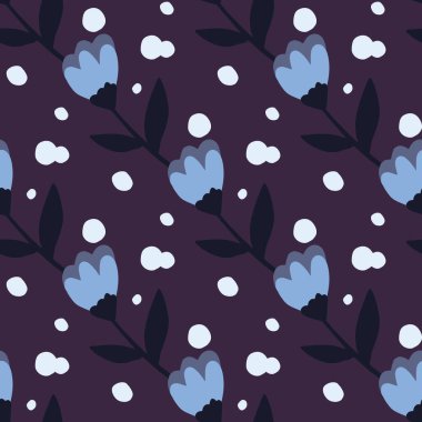 Halkın çiçekli siluetleri pürüzsüz. Mavi tomurcuklar koyu mor arka planda, noktalı. Duvar kağıdı, tekstil, ambalaj kağıdı, kumaş baskısı için mükemmel. Vektör illüstrasyonu.