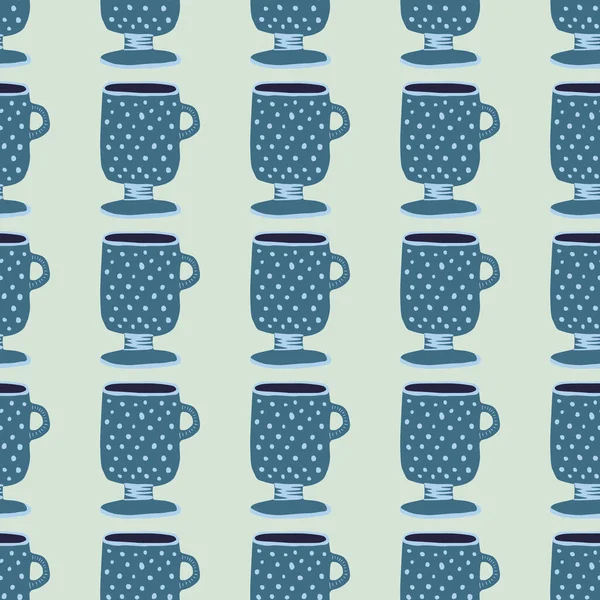 Blue Cup Silhouettes Seamless Doodle Pattern Pastel Light Background Simple — Stock Vector