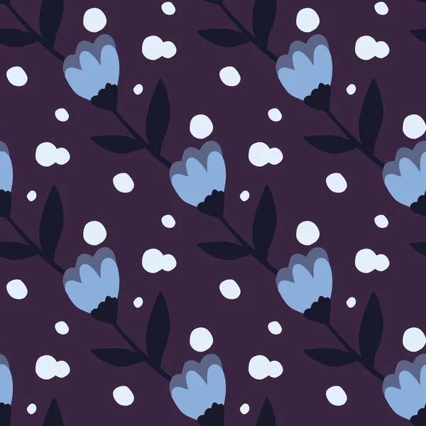 民间花卉轮廓无缝图案 深紫色的蓝芽 背面有圆点 完美的墙纸 纺织品 包装纸 织物印花 矢量说明 — 图库矢量图片