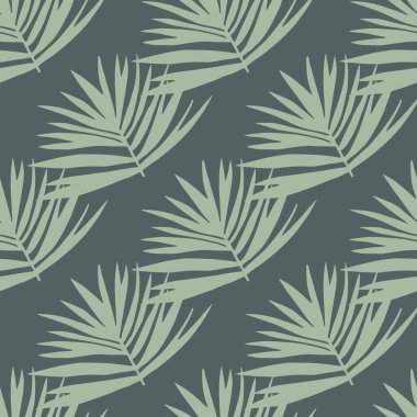 Çalı tropik siluetler kusursuz desen. Koyu arkaplanda gri renkli el yaprağı. Duvar kağıdı, tekstil, ambalaj kağıdı, kumaş baskısı için mükemmel. Vektör illüstrasyonu.