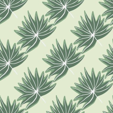 Egzotik yapraklar kusursuz karalama kalıpları. Yeşil yaprak siluetleriyle açık renkli arka plan. Ambalaj kağıdı, tekstil, kumaş baskısı ve duvar kağıdı için harika. Vektör illüstrasyonu.