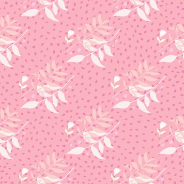 Çiçek desenli, çiçekli, yapraksız karalama deseni. Pembe noktalı arka planda beyaz renkli orman dalları. Duvar kağıdı, tekstil, ambalaj, kumaş baskısı için tasarlanmış. Vektör illüstrasyonu.
