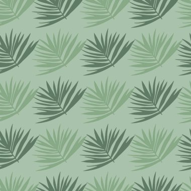 Tropik yaprak kümesi siluetleriyle soluk, pürüzsüz bir desen. Yeşil palet çiçekli desenli iz. Duvar kağıdı, tekstil, ambalaj kağıdı, kumaş baskısı için mükemmel. Vektör illüstrasyonu.