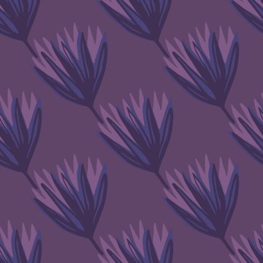 Koyu, dikişsiz lale tomurcuğu deseni. Çiçek siluetleri ve arka plan mor tonlarda. Basit bir botanik arkaplanı. Duvar kağıdı, tekstil, ambalaj kağıdı, kumaş baskısı için tasarım. Vektör illüstrasyonu.