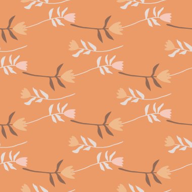 Lale siluetleriyle minimalizmin kusursuz botanik deseni. Turuncu arka plan. Pastel çiçekli desenli iz. Duvar kağıdı, tekstil, ambalaj, kumaş baskısı için dekoratif zemin. Vektör illüstrasyonu.