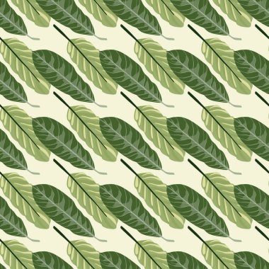 Yeşil ve zeytin yaprakları siluetsiz desenli. Işık pastel arka planına basit bir süs karala. Duvar kağıdı, tekstil, ambalaj kağıdı, kumaş baskısı için harika. Vektör illüstrasyonu.