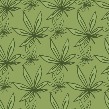 Çiçeksiz karalama desenli, el çizimi yapraklı. Marihuana elementleri ve arka planı yeşil renklerde. Duvar kağıdı, tekstil, ambalaj, kumaş baskısı için tasarlanmış. Vektör illüstrasyonu