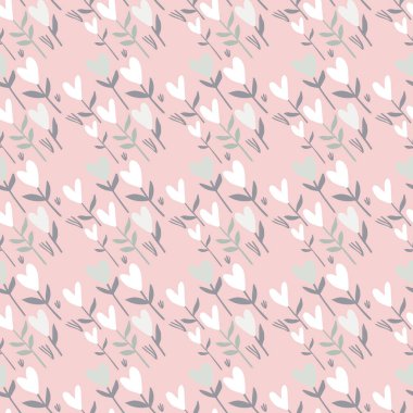 Yumuşak kalp çiçekleri kusursuz desen. Beyaz sevgililer günü elementleriyle yumuşak pembe arka plan. Duvar kağıdı, tekstil, ambalaj kağıdı ve kumaş baskısı için tasarlanmış. Vektör illüstrasyonu.