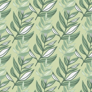 El çizimi, soyut çizgili yapraklarla kusursuz desen. Yeşil pastel tonlarda sanat eserleri. Duvar kağıdı, tekstil, ambalaj kağıdı, kumaş baskısı için dekoratif zemin. Vektör illüstrasyonu.