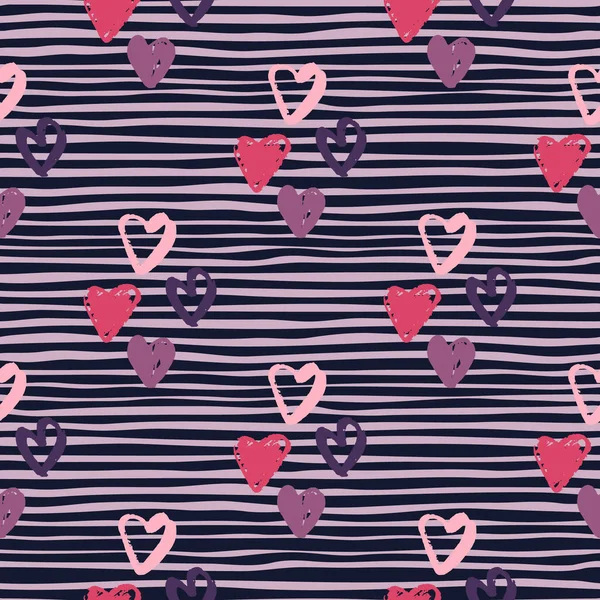 无缝隙的情人节图案与爱心设计的心 情人节的颜色是粉色和淡紫色 背景是深色条纹 纺织品 包装纸 织物印花 矢量说明 — 图库矢量图片